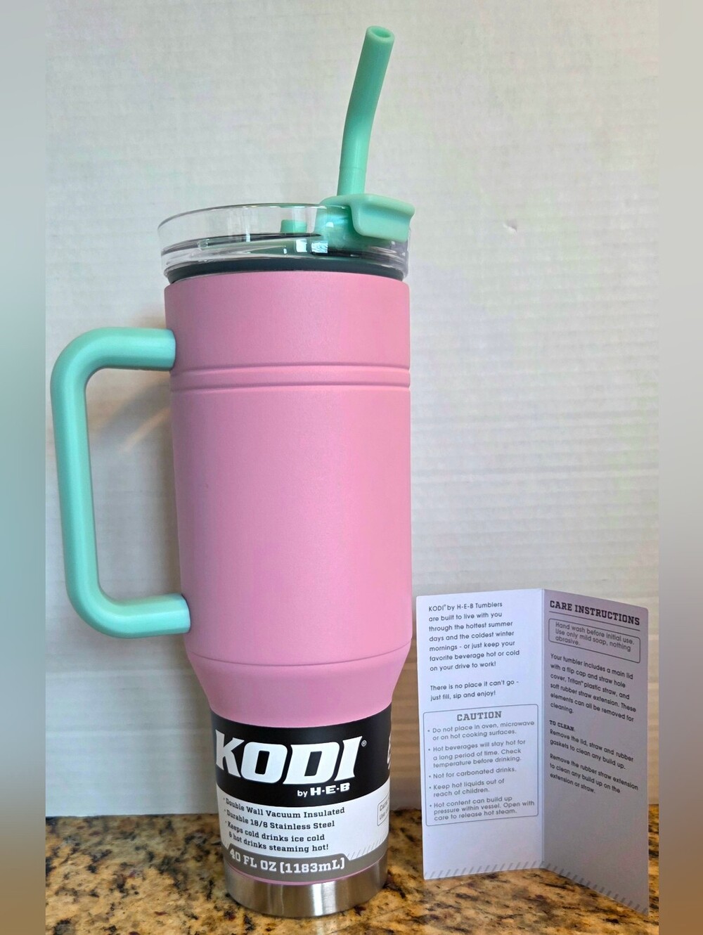 Kodi Pink 40 Oz. Insulated Tumbler with Mint Handle & Straw